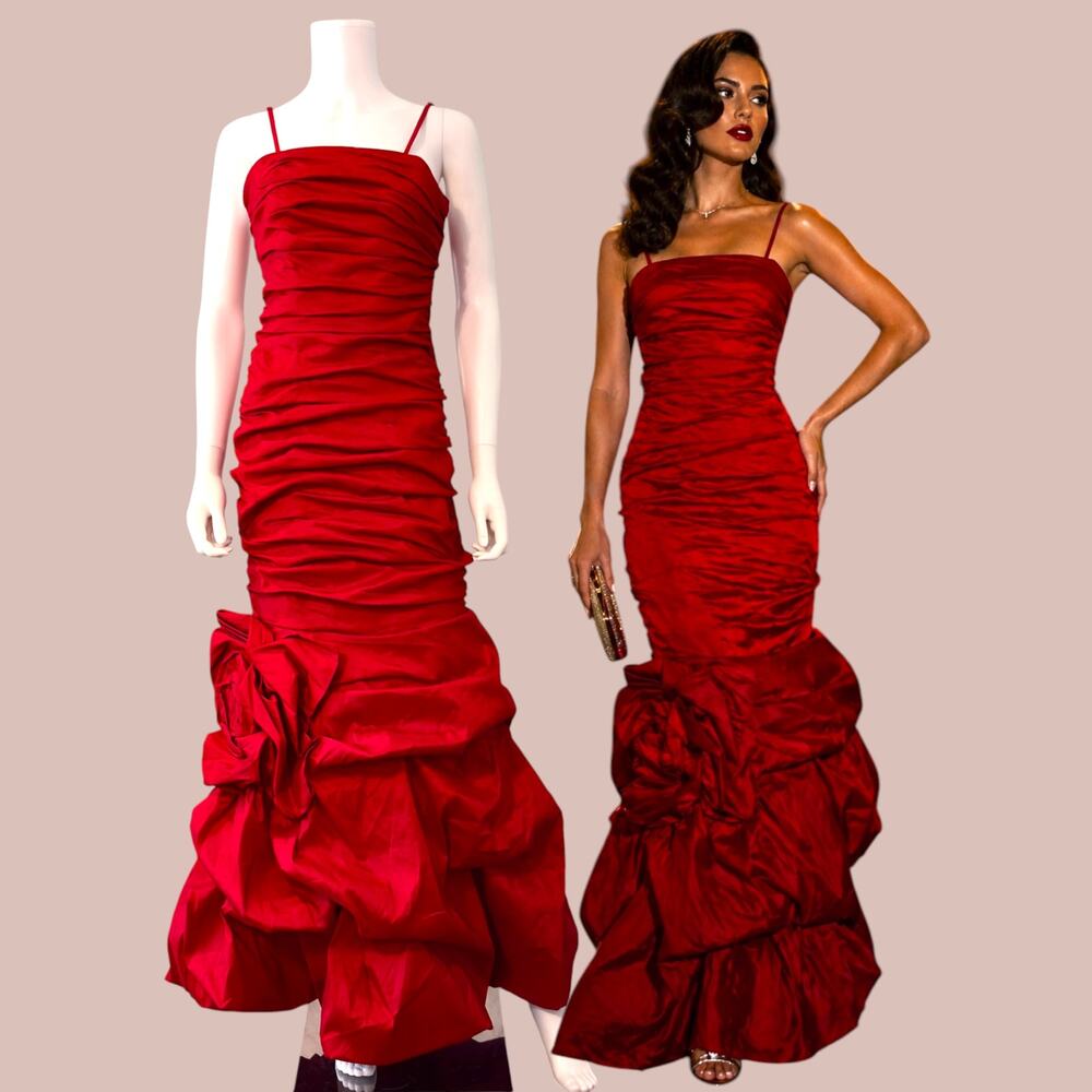 Dancing Queen Red Ruffle Dress Size Medium Ruched Mermaid Gown Formal Y2K Glam